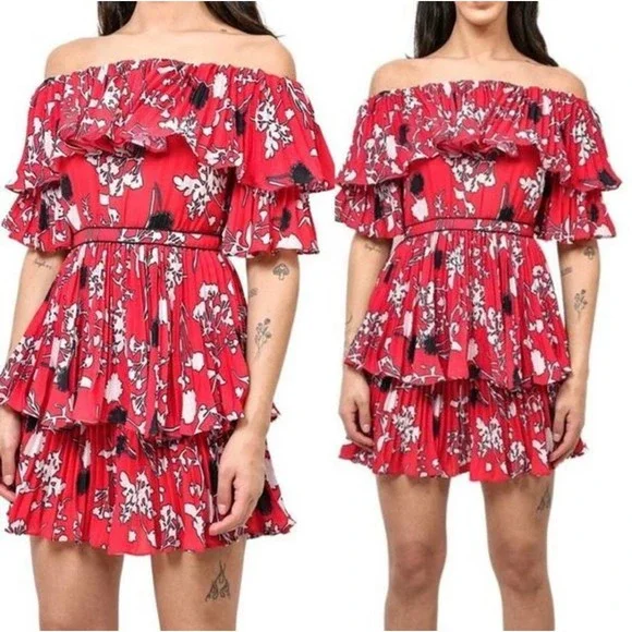 Self-Portrait | Dresses | Self Portrait Off Shoulder Floral Pleated Mini  Dress In Red | Poshmark